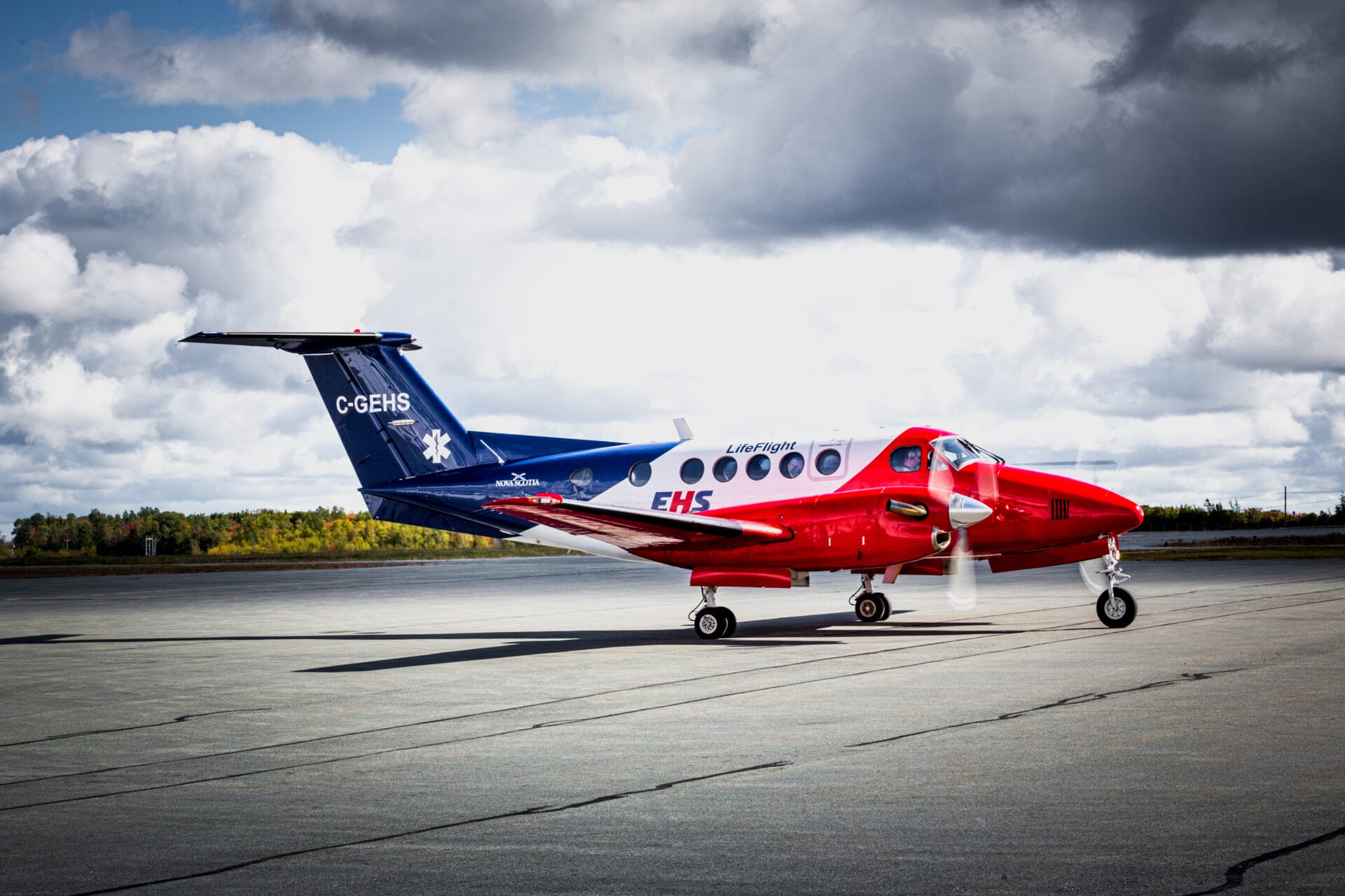 Landscape photo of a EHS LifeFlight Beechcraft 1900 air ambulance for the province of Nova Scotia