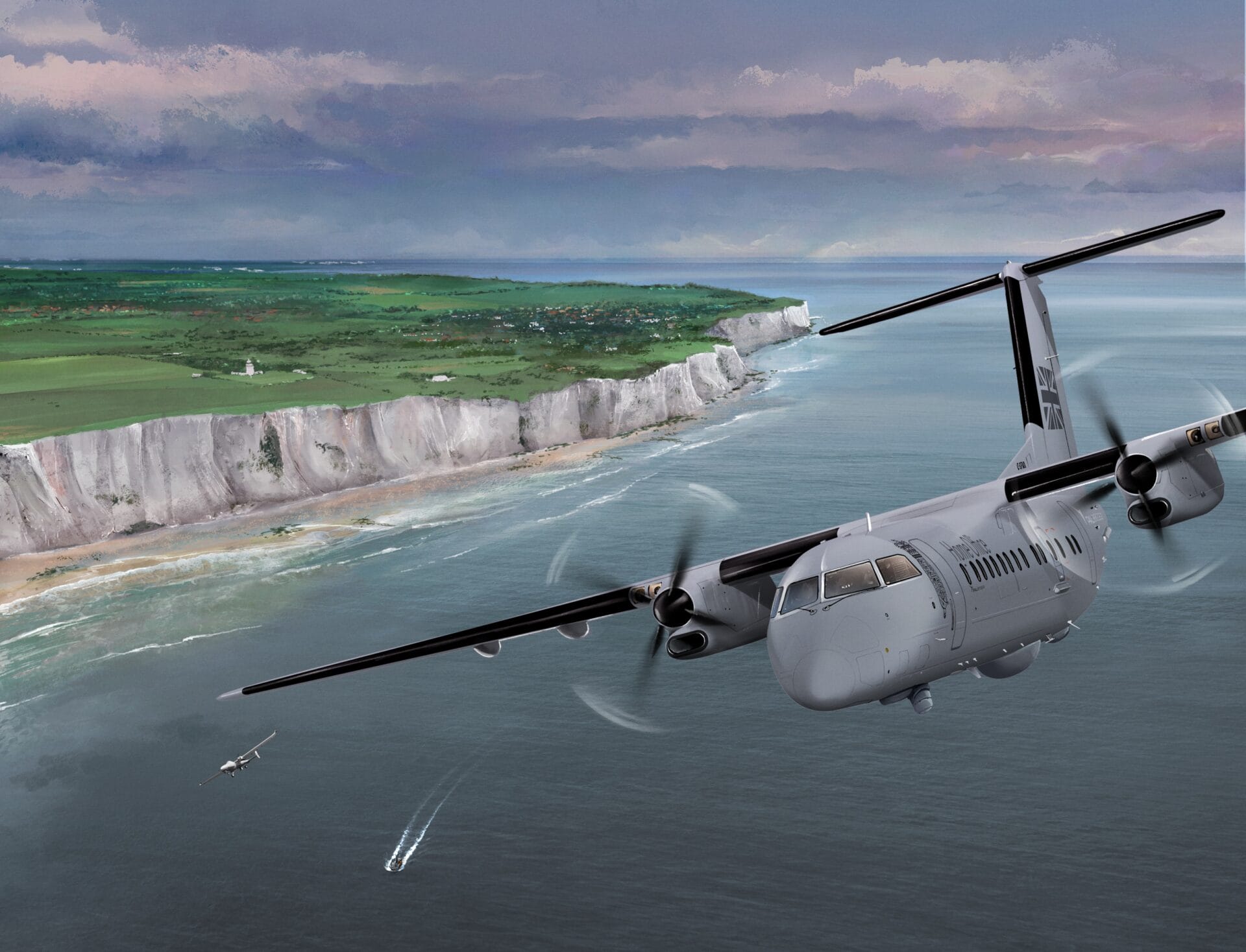 A landscape picture of the UK Home Office Aircraft by PAL Aerospace flying over the English Channel with a Tekever drone in the background.