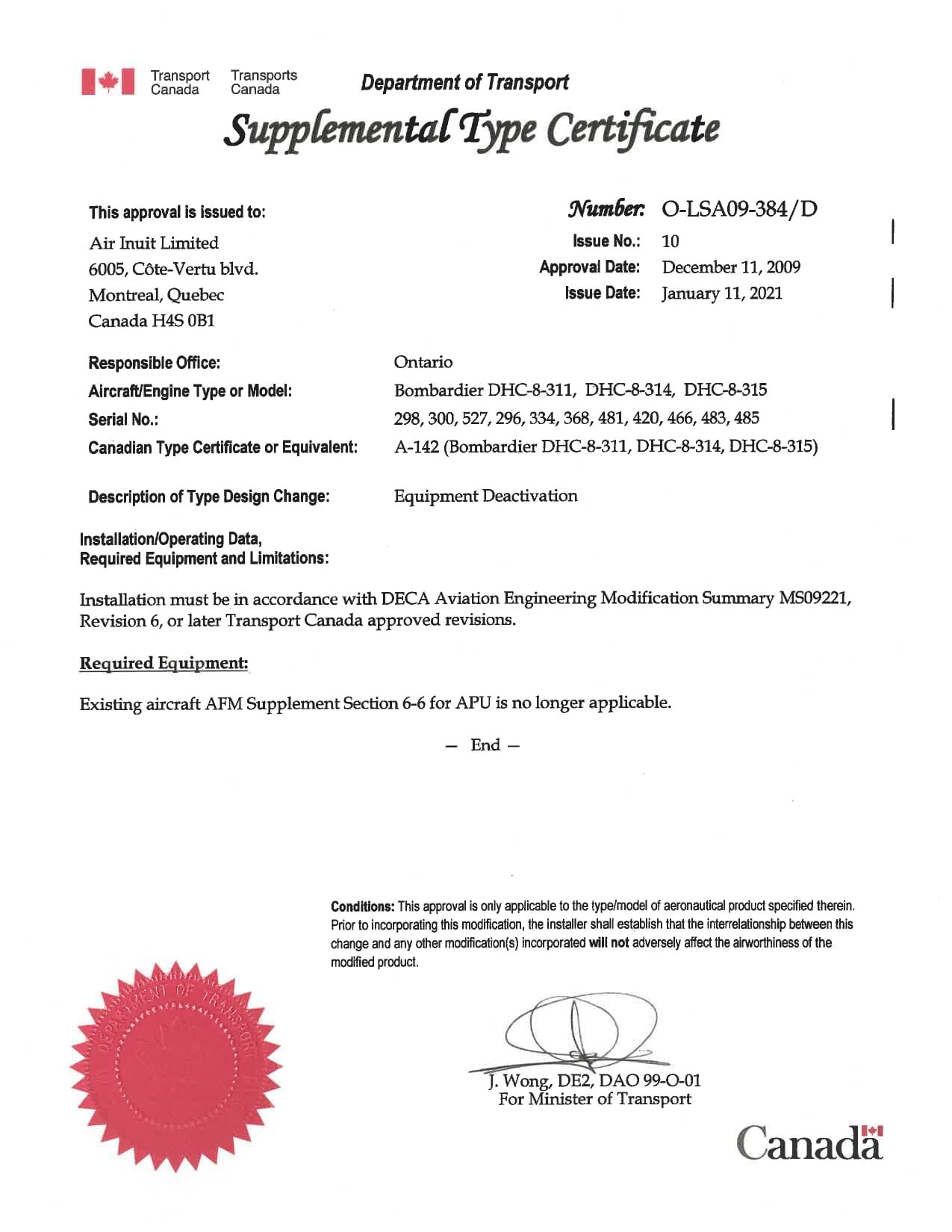 Equipment deactivation STC